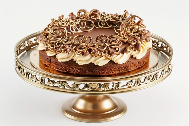 Front view of sweet chocolate cake on stand with kettle