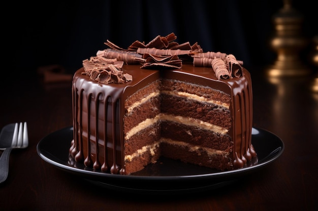 Front view of sweet chocolate cake with copy space