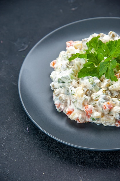 front view tasty chicken salad with different boiled vegetables and mayyonaise inside plate on dark surface food meal colours horizontal mixed diner