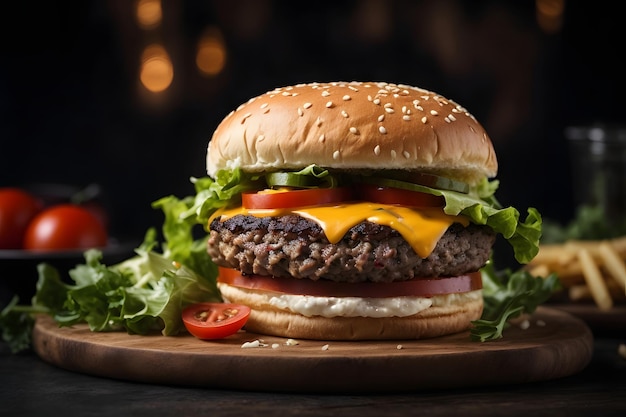 Front view tasty meat burger with cheese and salad on dark background