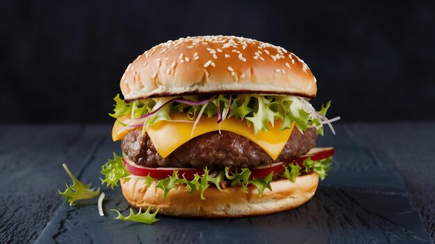 Front view tasty meat burger with cheese and salad on a dark background