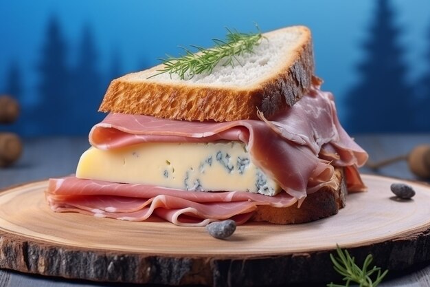 Foto vista anteriore delizioso panino al pane tostato con prosciutto al formaggio all'interno con panini di pane sul blu