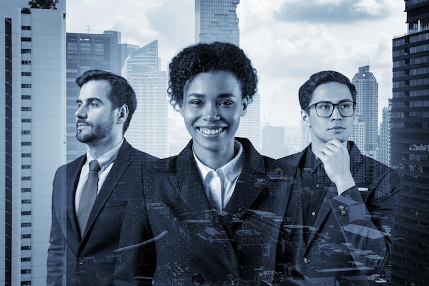 Front view of three successful smiling business consultants standing in a row in suits and ready to tackle with customer problem Bangkok cityscape Multinational corporate team Double exposure