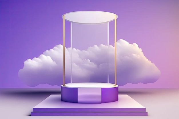 Front view of transparent podium with white space in background of purple gradient clouds