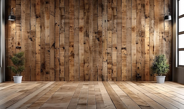 Front view van een lege muur in een kamer met houten planken een mockup