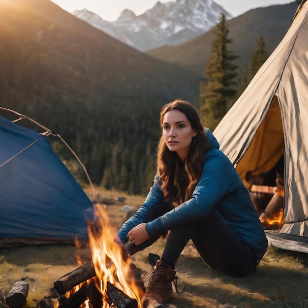 Front view van jonge brunette in de middag zit bij een tent en geniet van het uitzicht op de bergen de campfir