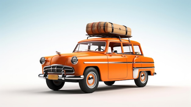 Front view van oranje retro auto met bagage op het dak klaar voor zomervakantie