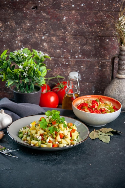 Vista frontale insalata di verdure con pomodori rossi freschi su sfondo scuro pasto dieta colore cucina cibo salute pranzo pane orizzontale