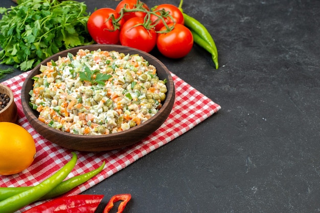 Front view vegetable salad with greens and red tomatoes on a dark background ripe meal holiday color meat health salad