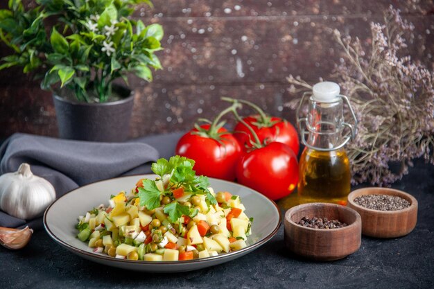 front view vegetable salad with red tomatoes and seasonings on dark surface diet horizontal lunch colour bread food cuisine health