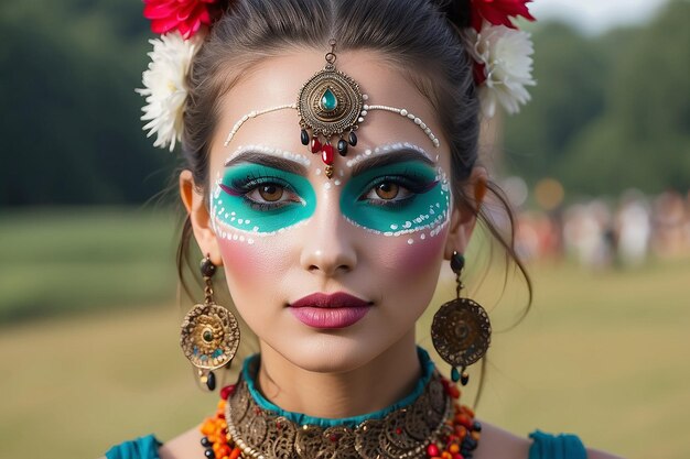 Front view vrouw met festival look en make-up