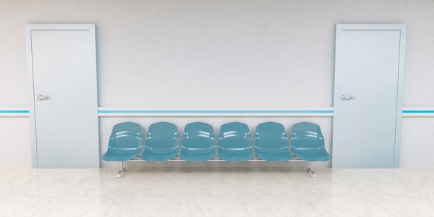 Front view of waiting chairs in hospital corridor with doors on the sides