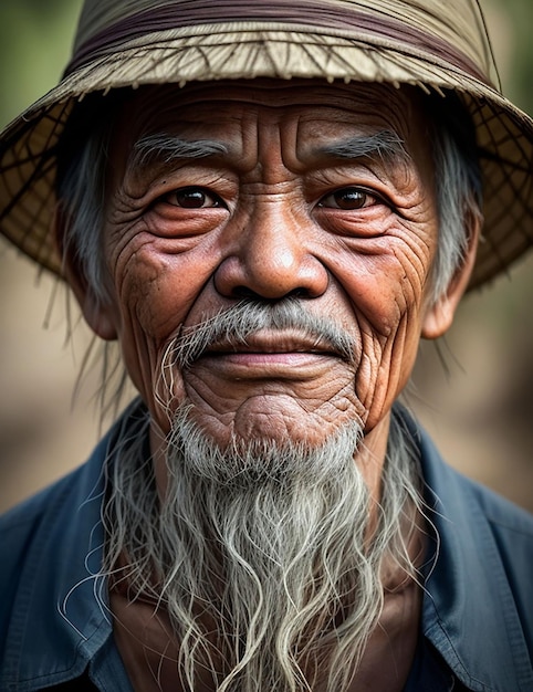 베트남 노인 민족적 특징의 풍화된 얼굴의 전면 모습