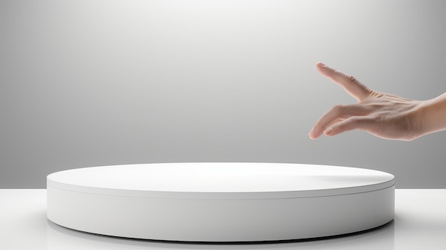 Photo front view of a white 3d podium with a model's hand in a pristine white clean room this minimalist