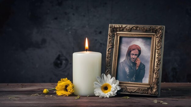 Front view white candle with picture frame and flower on dark desk funeral evil death