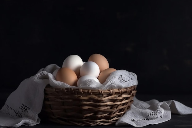 어두운 표면에 수건으로 바구니 안에 전면보기 흰색 닭고기 달걀