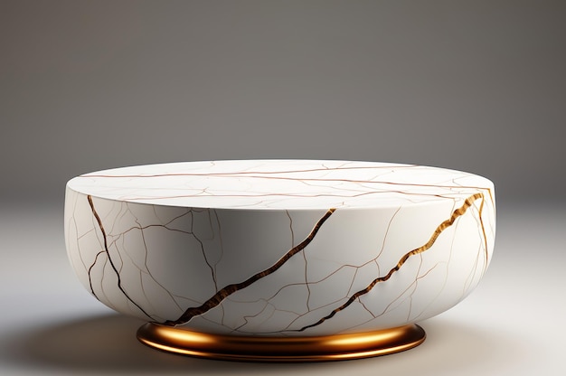 a front view of a White and Gold Empty Marble Table for Product Placement blank marble table mockup