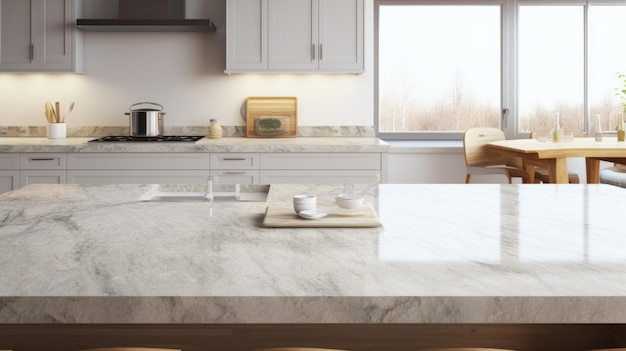 Photo front view of white granite kitchen countertop island for montage product display on modern scandinavian kitchen space