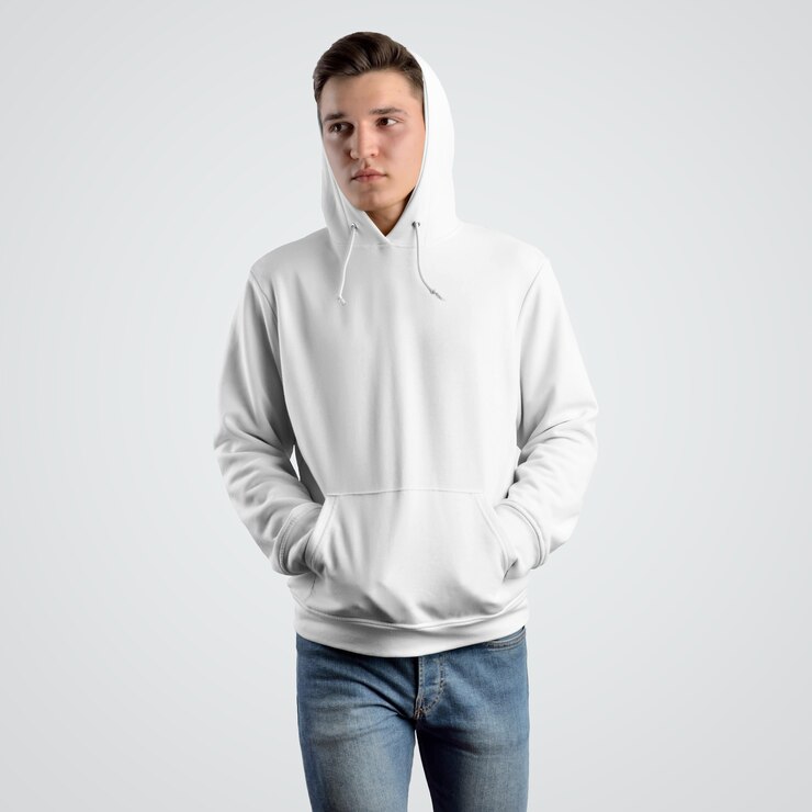 Front view of a white hoodie mockup on a young guy in a hood.
Brand clothing template for presentation and sale in the store.