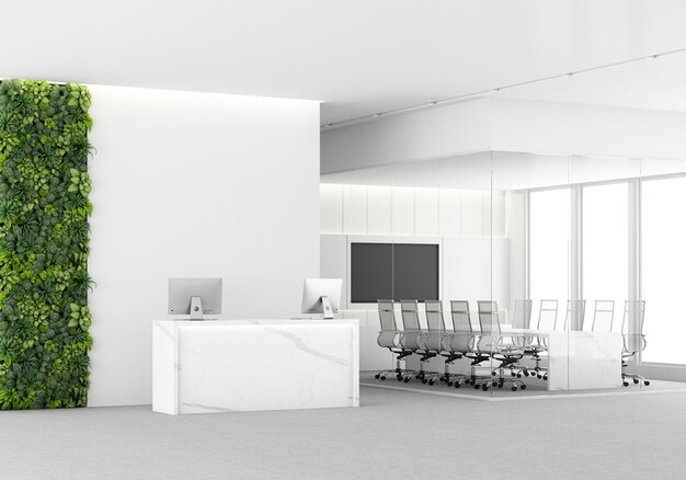 Front view of a white marble reception desk with two laptops
standing on it in front of a modern office wall with vertical
garden grass wall and meeting room on carpet floor 3d rendering
mock up