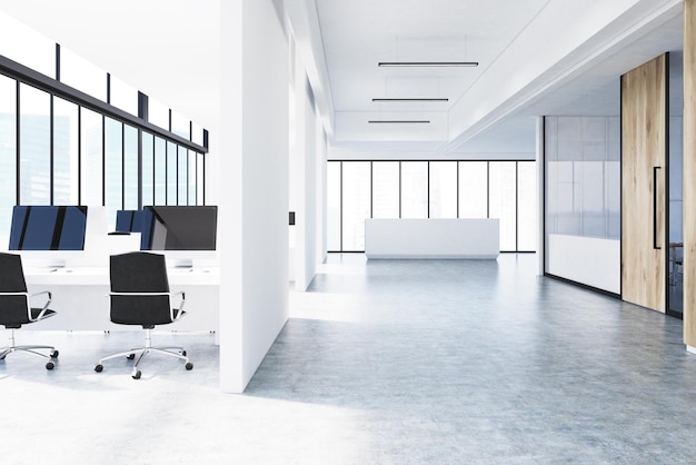 Front view of a white open office interior with panoramic windows, white walls, computer monitors on desks and a reception counter in the lobby. 3d rendering, mock up