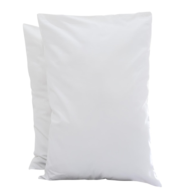 Front view of white pillow with case after guest use in resort or hotel room isolated on white