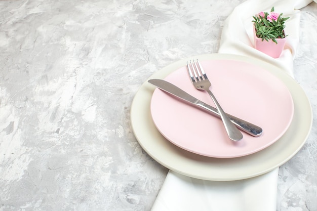 front view white plate with pink plate and cutlery on a light surface kitchen femininity horizontal meal colour ladies food glass