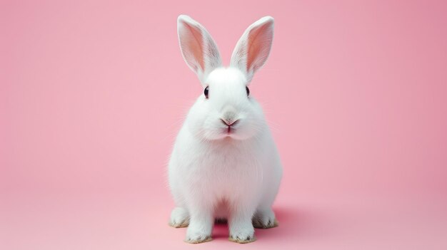 Передний вид белого кролика на розовом фоне