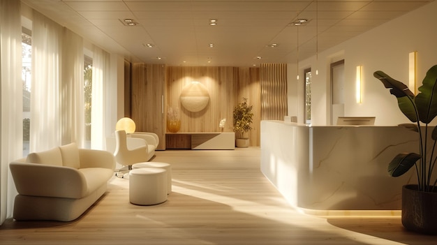 Front view of a white reception desk with two laptops standing on it in front of a wooden office wall There is a grass wall seen through a wall opening 3d rendering mock up