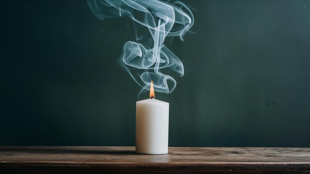 Front view of white smoke from fireless candle on dark wall