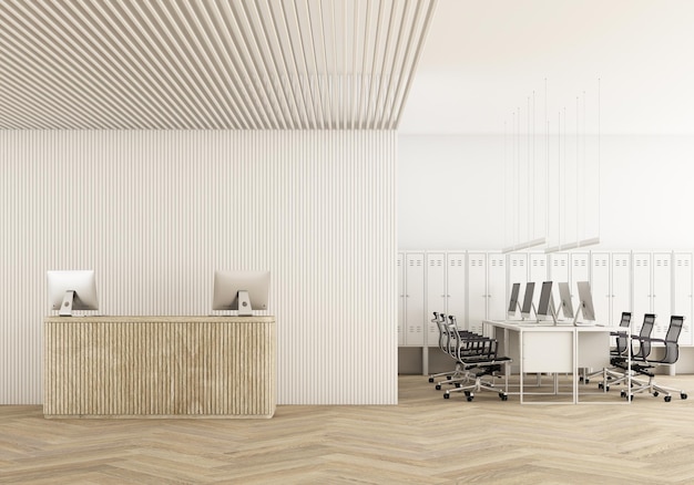 Front view of a white wood reception desk with laptops standing\
on it in front of a modern office wall wooden slats wall and\
ceiling and meeting room on parquet floor and pendant 3d rendering\
mock up