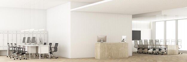 Front view of a white wood reception desk with laptops standing\
on it in front of a modern office wall wooden slats wall and\
ceiling and meeting room on parquet floor and pendant 3d rendering\
mock up