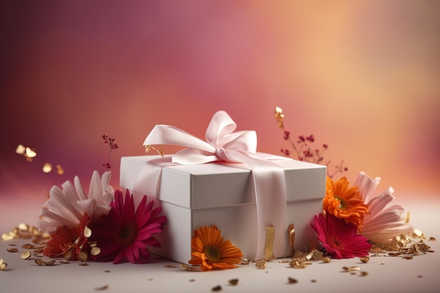 Front view with gift box and ribbon flowers on table and blur gradient pink background