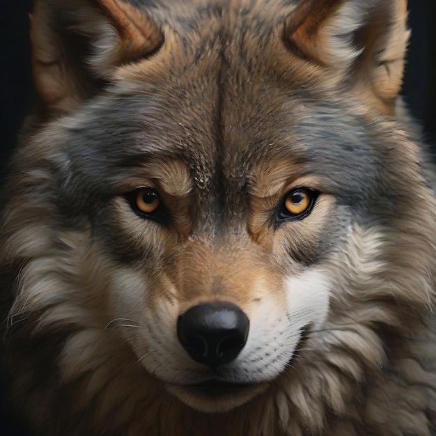 The front view of a wolfs face AI