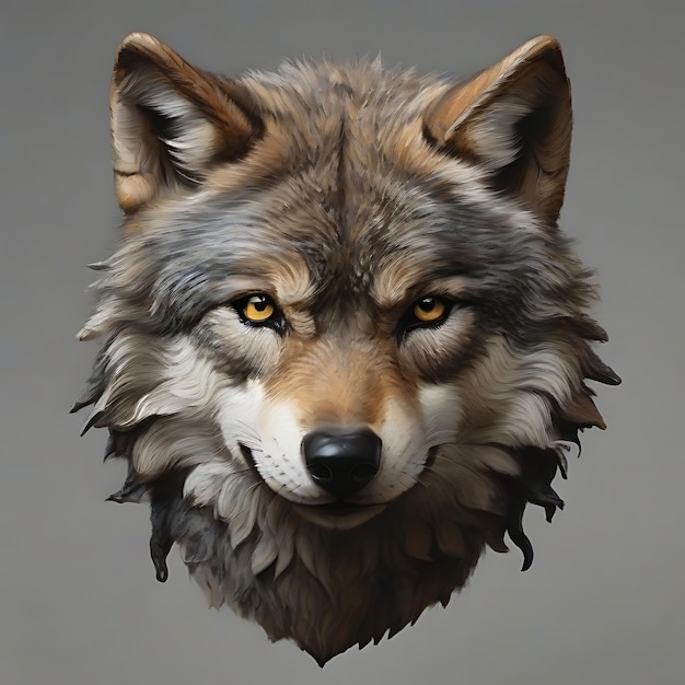 The front view of a wolfs face AI