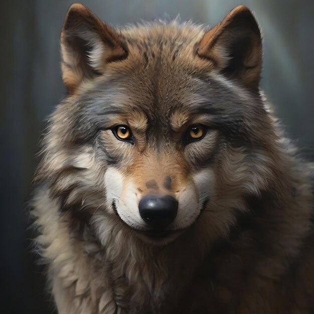 The front view of a wolfs face AI