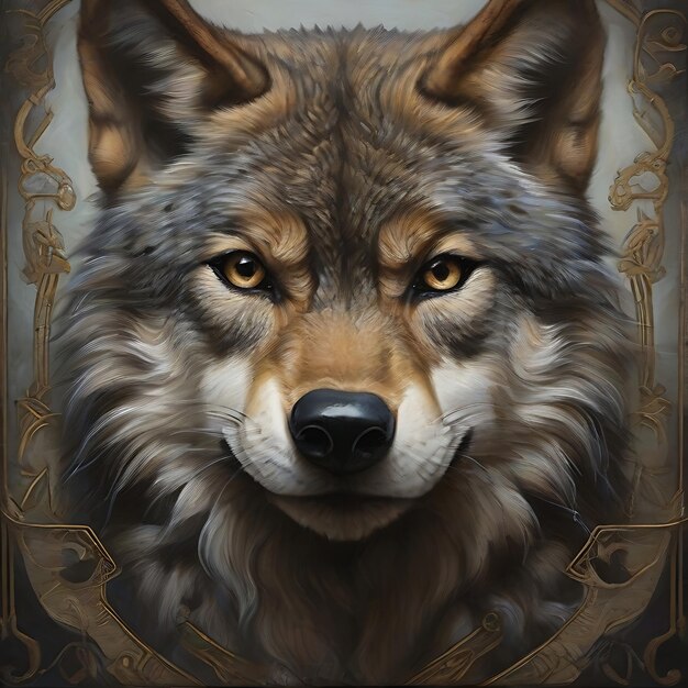 The front view of a wolfs face AI