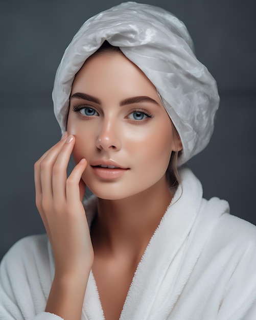 Front view of woman in bathrobe applying skincare