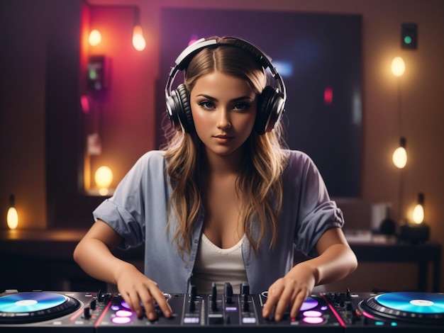 パーティーでDJをしている女性のフロントビュー