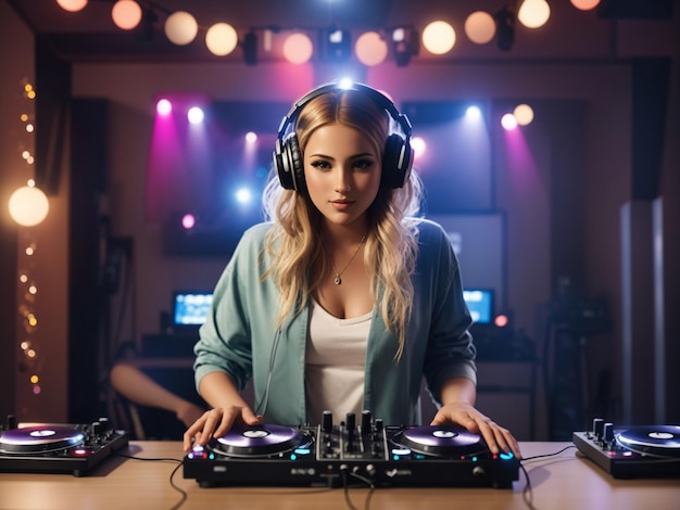 パーティーでDJをしている女性のフロントビュー