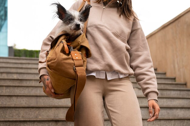 Photo front view woman carrying dog in bag