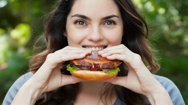 フロントビューで肉バーガーを食べている女性