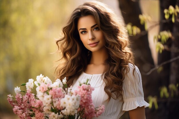 Front view of woman holding bouquet of gorgeous spring flowers