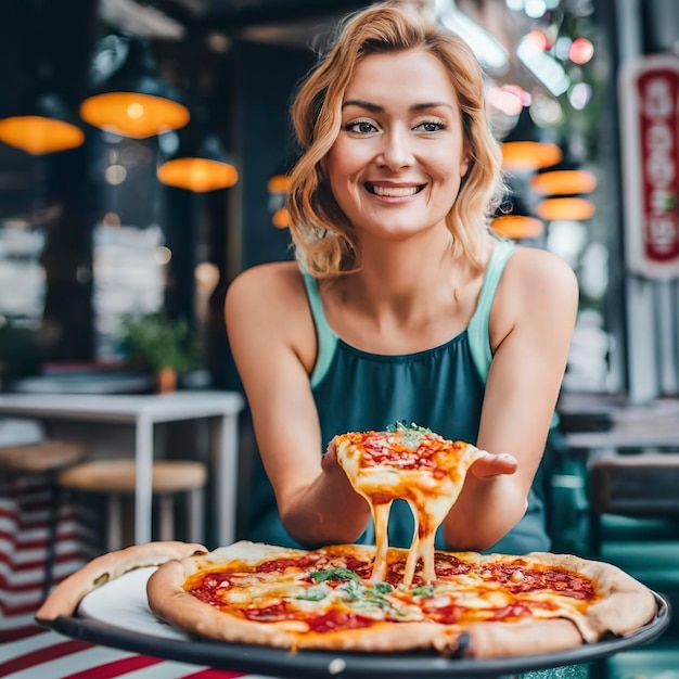 Женщина вид спереди с вкусной пиццей
