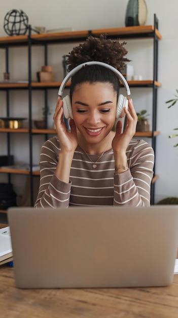 front view woman with headphones at home