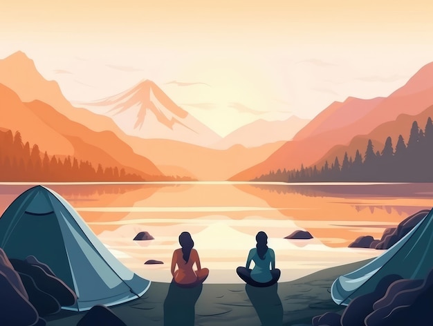 Front view of women camping in the mountains overlooking the lake