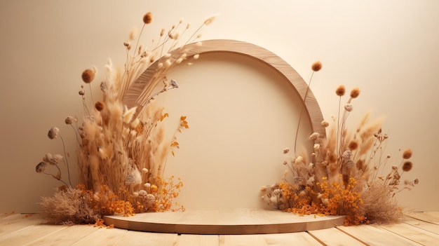 Front view of a wooden pedestal for displaying products that has dried flowers on it Generative AI