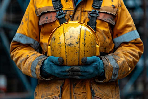 Front view of worker in uniform holding hard hat