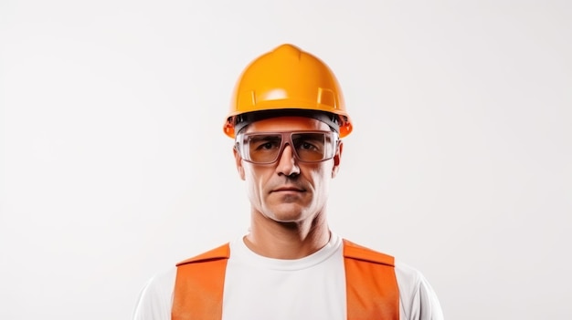 Photo front view of worker with protective glasses and hard hat