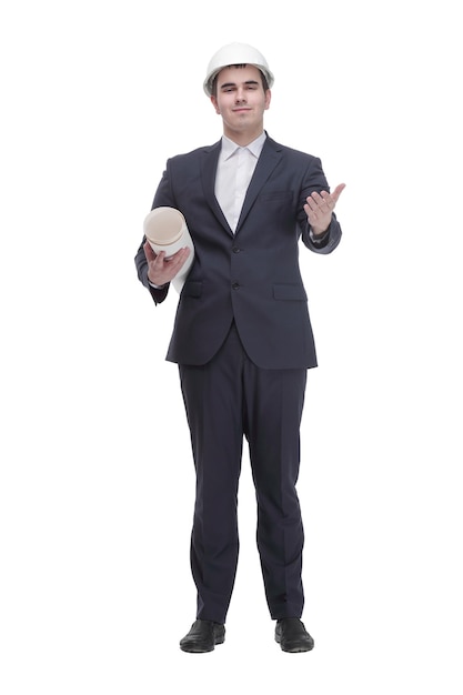 Front view of young architect man in hardhat holding blueprints walking away